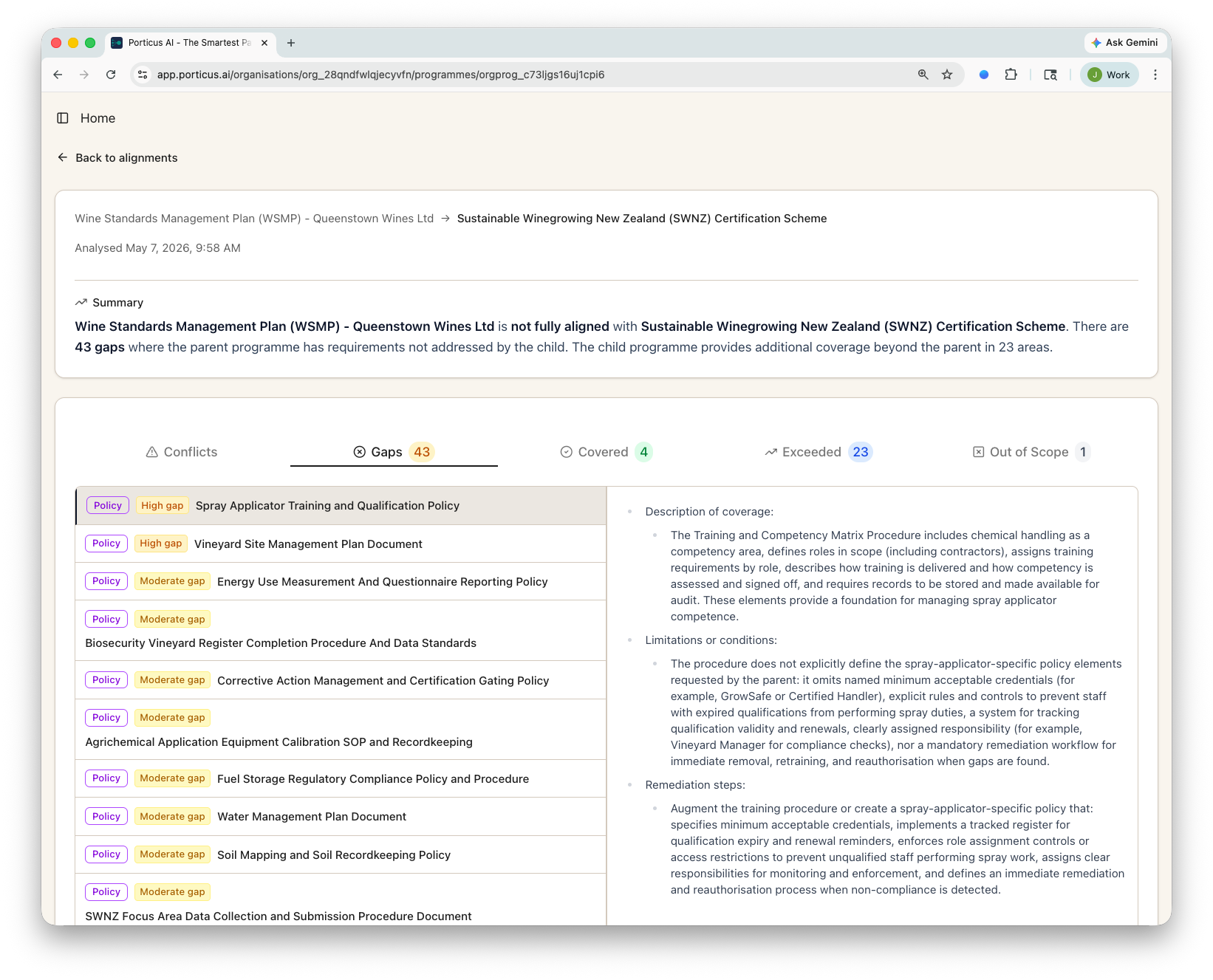 Alignment report — gaps, conflicts, covered, and exceeded requirements mapped against the parent standard
