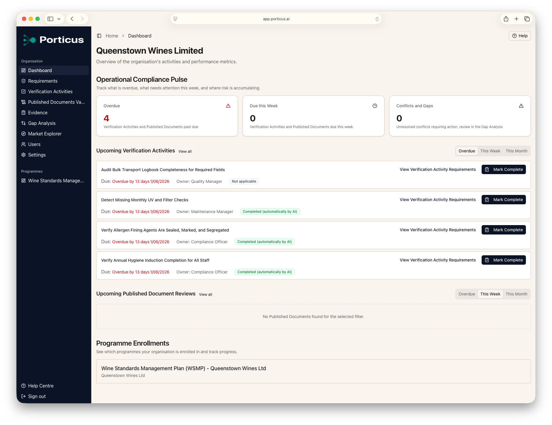 Unified compliance dashboard - all active programmes, cross-links, and upcoming deadlines