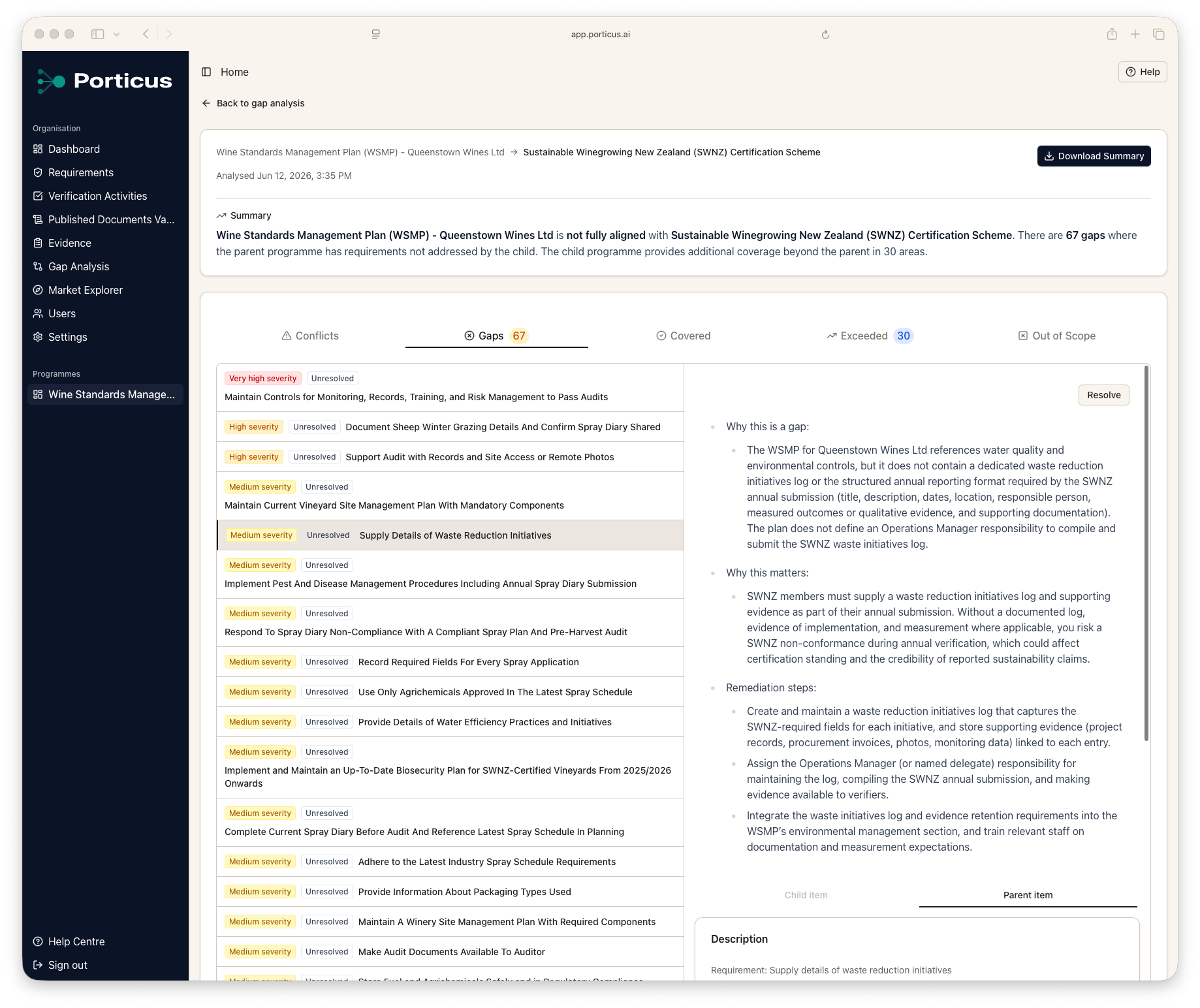 Alignment report - gaps, conflicts, covered, and exceeded requirements mapped against the parent standard
